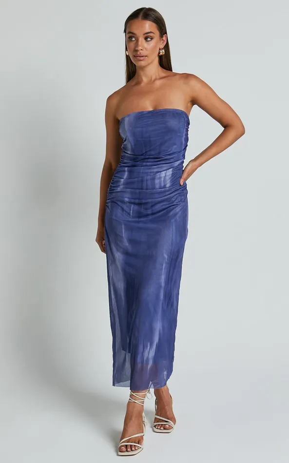 Showpo Frelynn Midi Dress 8211 Strapless Ruched Slip Dress In Blue Women Dresses