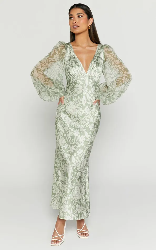 Showpo Freollyn Midi Dress 8211 Deep V Neck Long Sleeve Dress In Sage Women Dresses Showpo Freollyn Midi Dress 8211 Deep V Neck Long Sleeve Dress In Sage Women Dresses