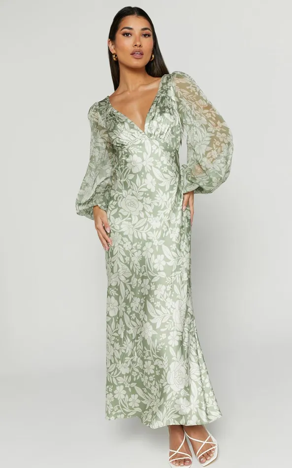 Showpo Freollyn Midi Dress 8211 Deep V Neck Long Sleeve Dress In Sage Women Dresses