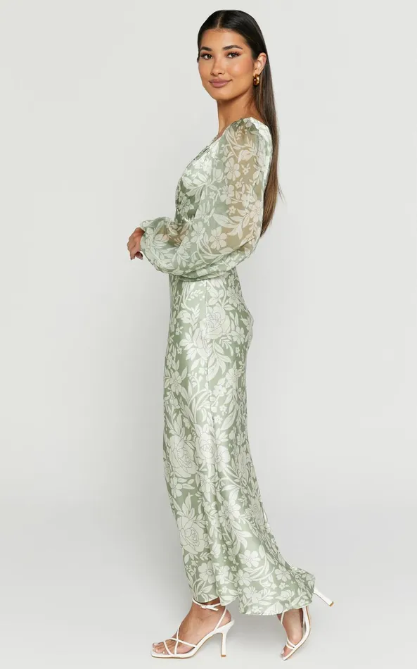 Showpo Freollyn Midi Dress 8211 Deep V Neck Long Sleeve Dress In Sage Women Dresses