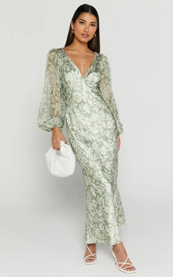 Showpo Freollyn Midi Dress 8211 Deep V Neck Long Sleeve Dress In Sage Women Dresses
