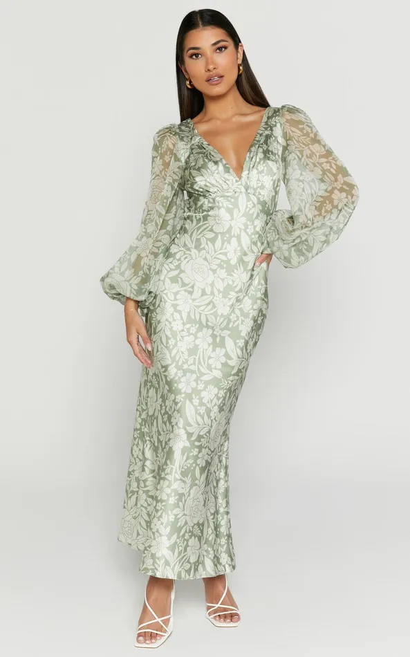 Showpo Freollyn Midi Dress 8211 Deep V Neck Long Sleeve Dress In Sage Women Dresses