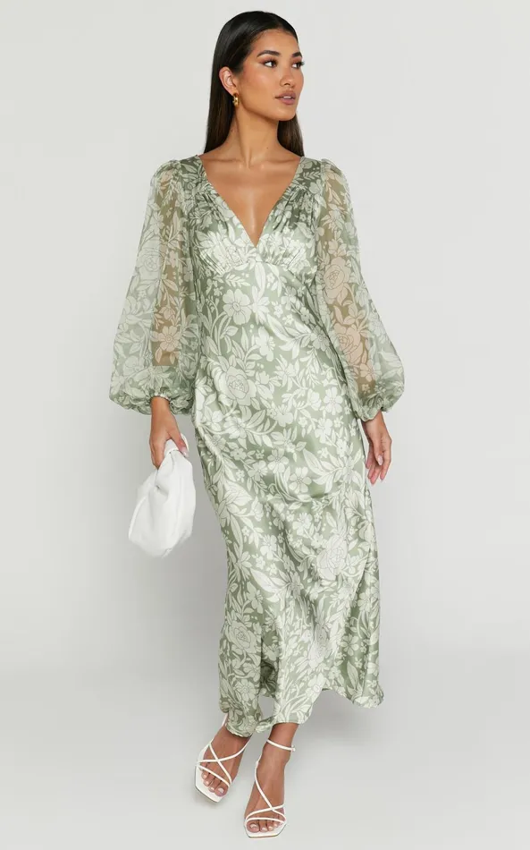 Showpo Freollyn Midi Dress 8211 Deep V Neck Long Sleeve Dress In Sage Women Dresses