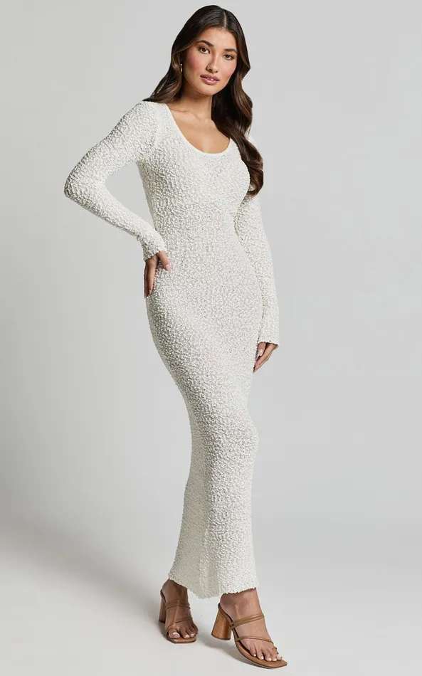 Showpo Freya Midi Dress 8211 Scoop Neck Long Sleeve Boucle Knit Dress In Off White Women Dresses