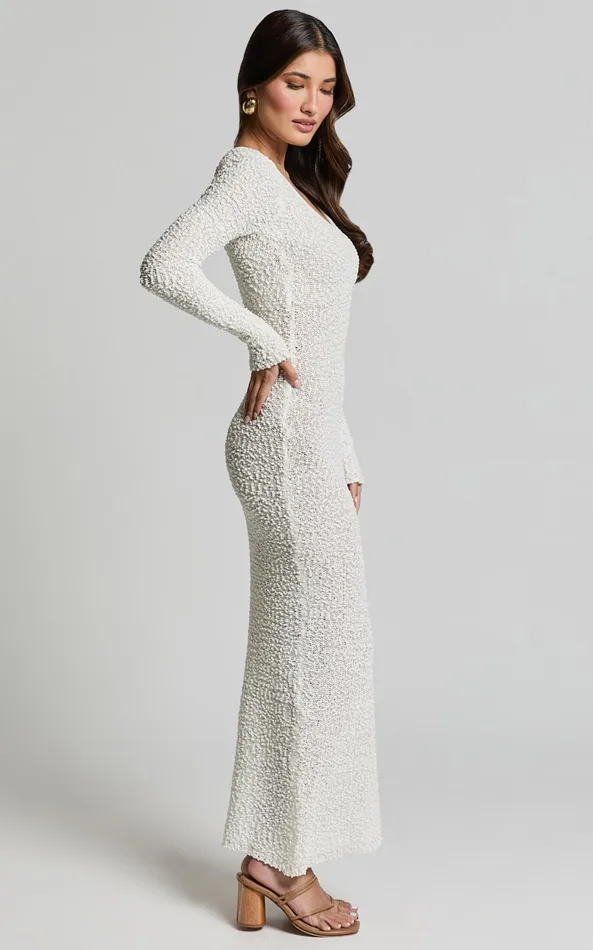 Showpo Freya Midi Dress 8211 Scoop Neck Long Sleeve Boucle Knit Dress In Off White Women Dresses