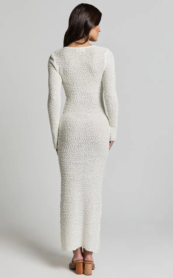 Showpo Freya Midi Dress 8211 Scoop Neck Long Sleeve Boucle Knit Dress In Off White Women Dresses