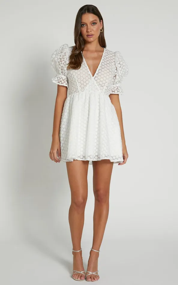Showpo Freya Mini Dress 8211 Puff Sleeve V Neck A Line Dress In White Women Dresses