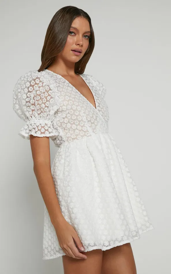 Showpo Freya Mini Dress 8211 Puff Sleeve V Neck A Line Dress In White Women Dresses