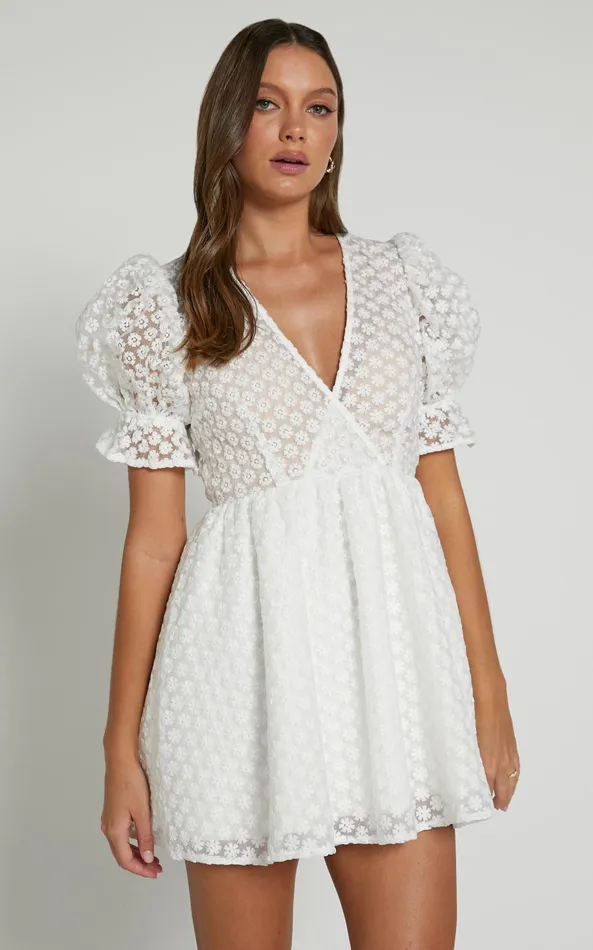 Showpo Freya Mini Dress 8211 Puff Sleeve V Neck A Line Dress In White Women Dresses