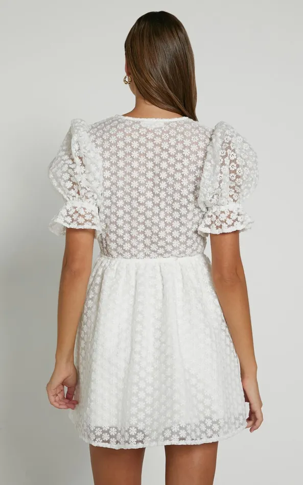 Showpo Freya Mini Dress 8211 Puff Sleeve V Neck A Line Dress In White Women Dresses