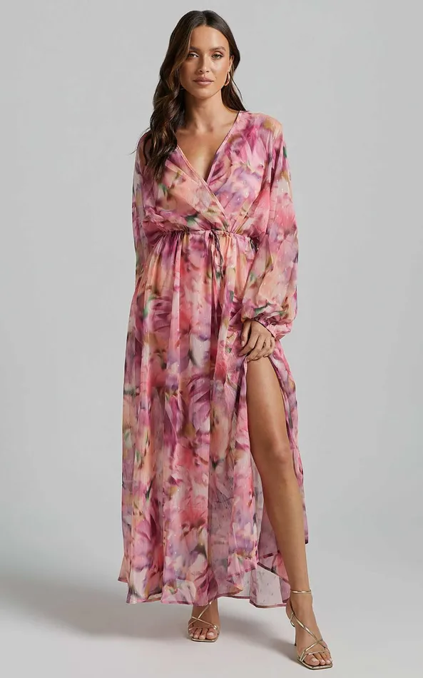 Showpo Freyja Maxi Dress 8211 Plunge Long Bishop Sleeve Waist Tie Dress In Pink Floral Women Dresses Showpo Freyja Maxi Dress 8211 Plunge Long Bishop Sleeve Waist Tie Dress In Pink Floral Women Dresses