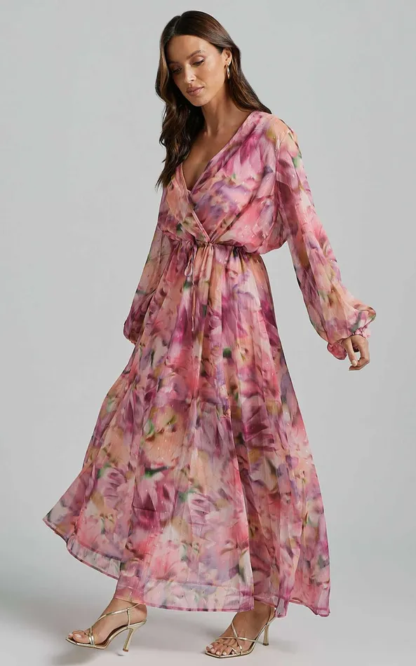 Showpo Freyja Maxi Dress 8211 Plunge Long Bishop Sleeve Waist Tie Dress In Pink Floral Women Dresses