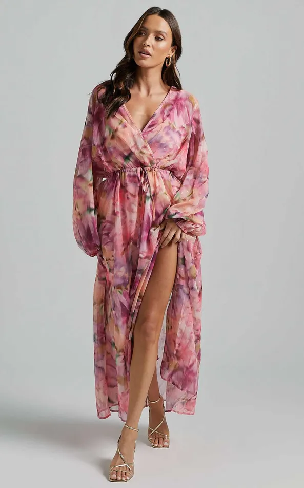 Showpo Freyja Maxi Dress 8211 Plunge Long Bishop Sleeve Waist Tie Dress In Pink Floral Women Dresses