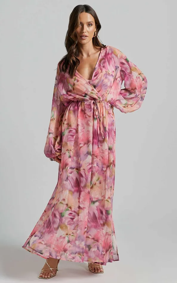 Showpo Freyja Maxi Dress 8211 Plunge Long Bishop Sleeve Waist Tie Dress In Pink Floral Women Dresses