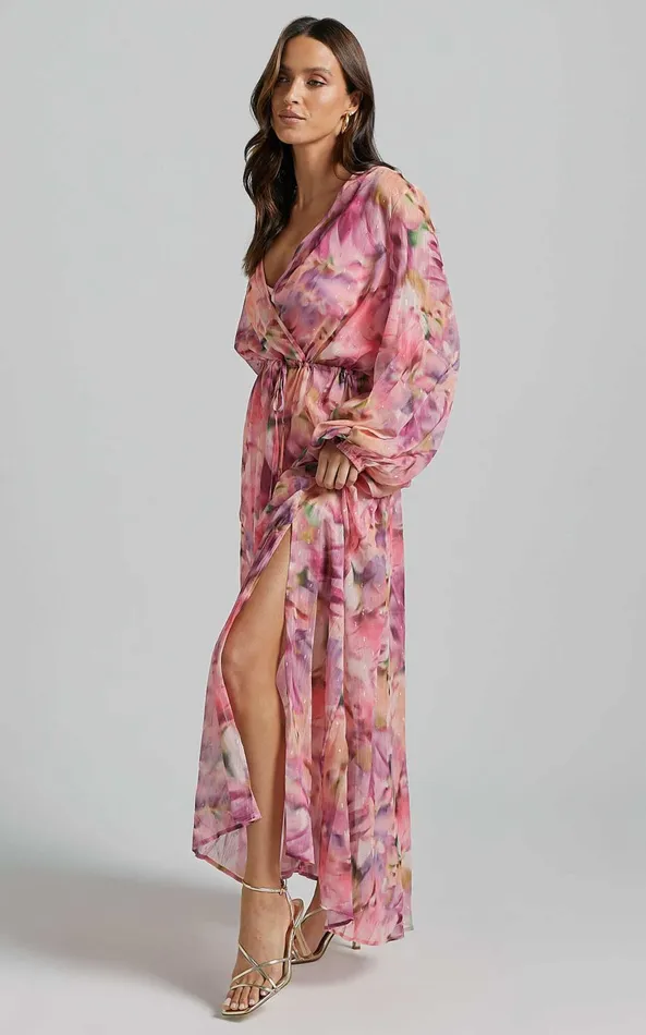 Showpo Freyja Maxi Dress 8211 Plunge Long Bishop Sleeve Waist Tie Dress In Pink Floral Women Dresses