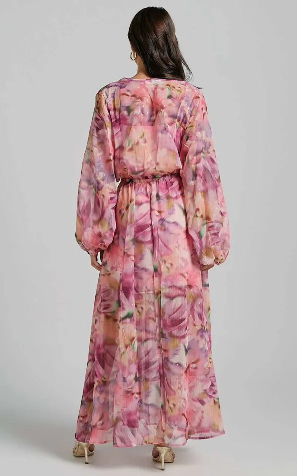 Showpo Freyja Maxi Dress 8211 Plunge Long Bishop Sleeve Waist Tie Dress In Pink Floral Women Dresses