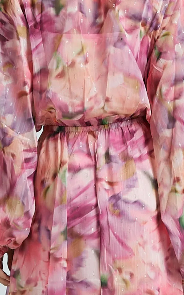 Showpo Freyja Maxi Dress 8211 Plunge Long Bishop Sleeve Waist Tie Dress In Pink Floral Women Dresses