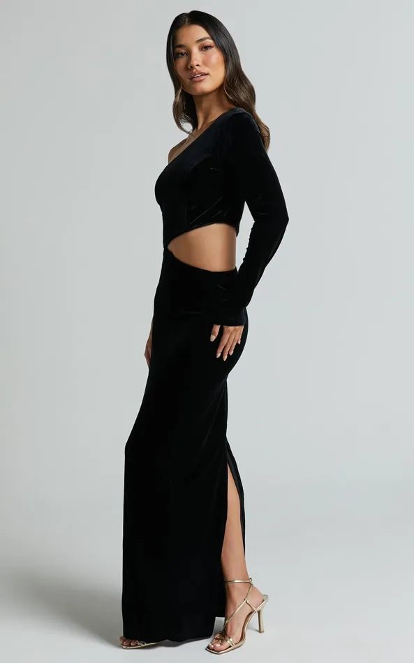 Showpo Gabbie Maxi Dress 8211 Velvet One Shoulder Cut Out Dress In Black Women Dresses