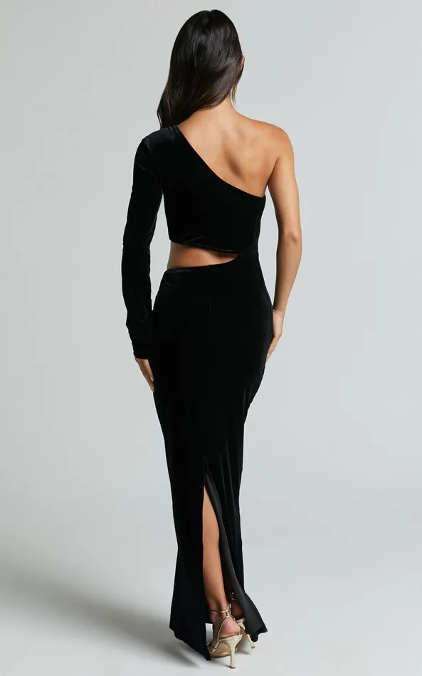 Showpo Gabbie Maxi Dress 8211 Velvet One Shoulder Cut Out Dress In Black Women Dresses
