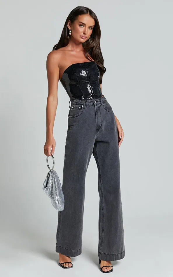 Showpo Gabbie Top 8211 Hook And Eye Detail Sequin Corset Top In Black Women Tops