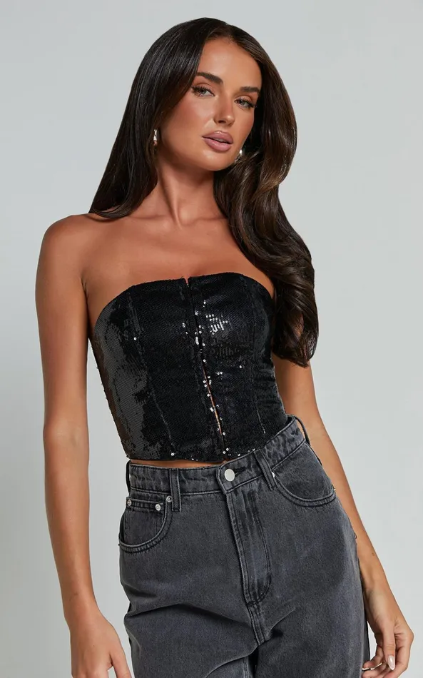 Showpo Gabbie Top 8211 Hook And Eye Detail Sequin Corset Top In Black Women Tops