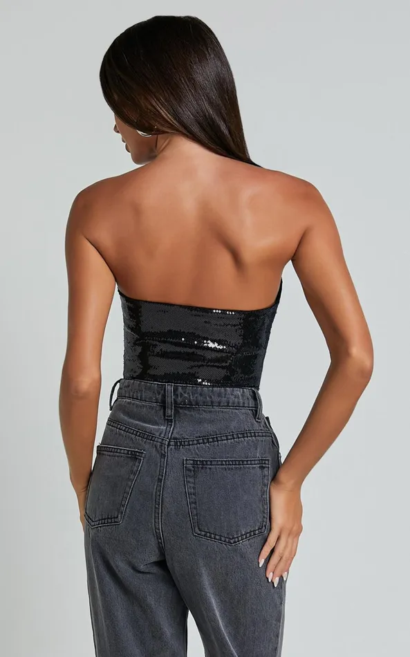 Showpo Gabbie Top 8211 Hook And Eye Detail Sequin Corset Top In Black Women Tops