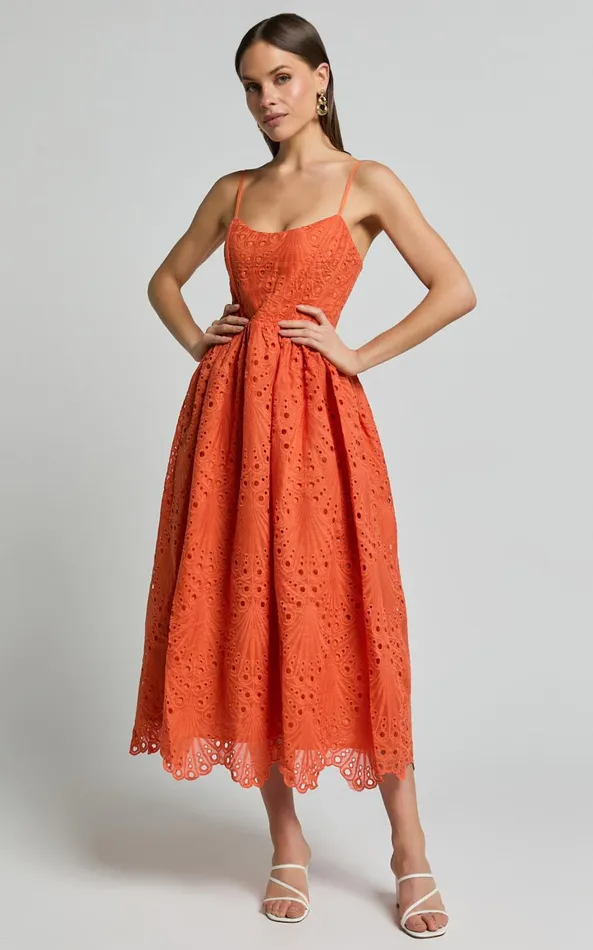 Showpo Gabriella Midi Dress 8211 Strappy Gathered Skirt Embroidered Dress In Orange Women Dresses Showpo Gabriella Midi Dress 8211 Strappy Gathered Skirt Embroidered Dress In Orange Women Dresses