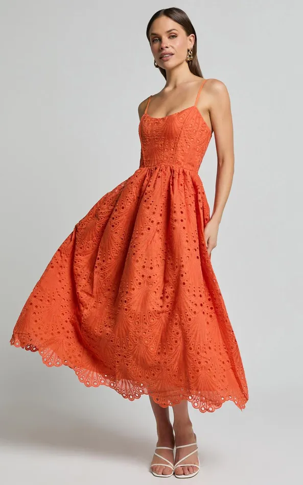 Showpo Gabriella Midi Dress 8211 Strappy Gathered Skirt Embroidered Dress In Orange Women Dresses