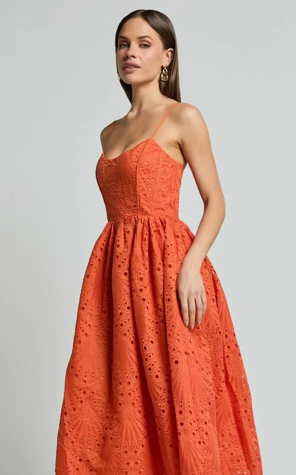 Showpo Gabriella Midi Dress 8211 Strappy Gathered Skirt Embroidered Dress In Orange Women Dresses