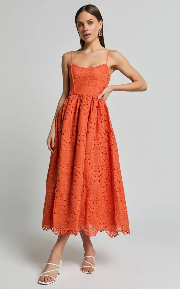 Showpo Gabriella Midi Dress 8211 Strappy Gathered Skirt Embroidered Dress In Orange Women Dresses