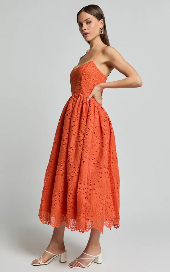 Showpo Gabriella Midi Dress 8211 Strappy Gathered Skirt Embroidered Dress In Orange Women Dresses