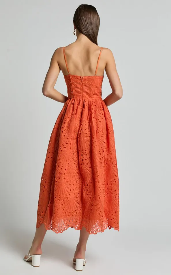 Showpo Gabriella Midi Dress 8211 Strappy Gathered Skirt Embroidered Dress In Orange Women Dresses