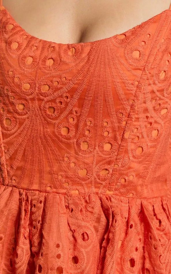Showpo Gabriella Midi Dress 8211 Strappy Gathered Skirt Embroidered Dress In Orange Women Dresses