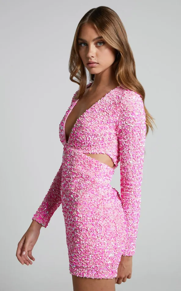 Showpo Gabriella Mini Dress 8211 Plunge Long Sleeve Cut Out Sequin Dress In Pink Sequin Women Dresses