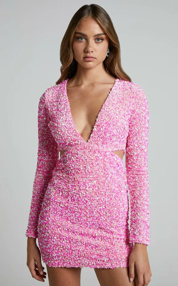 Showpo Gabriella Mini Dress 8211 Plunge Long Sleeve Cut Out Sequin Dress In Pink Sequin Women Dresses