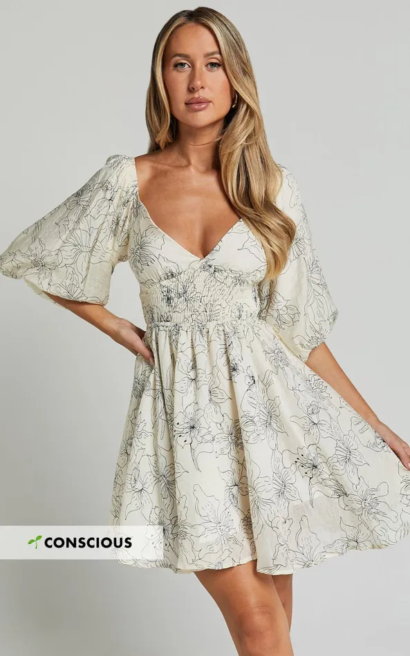 Showpo Geeniva Mini Dress 8211 V Neck Tie Back Puff Sleeve Babydoll Dress In Cream Stencil Floral Women Dresses Showpo Geeniva Mini Dress 8211 V Neck Tie Back Puff Sleeve Babydoll Dress In Cream Stencil Floral Women Dresses