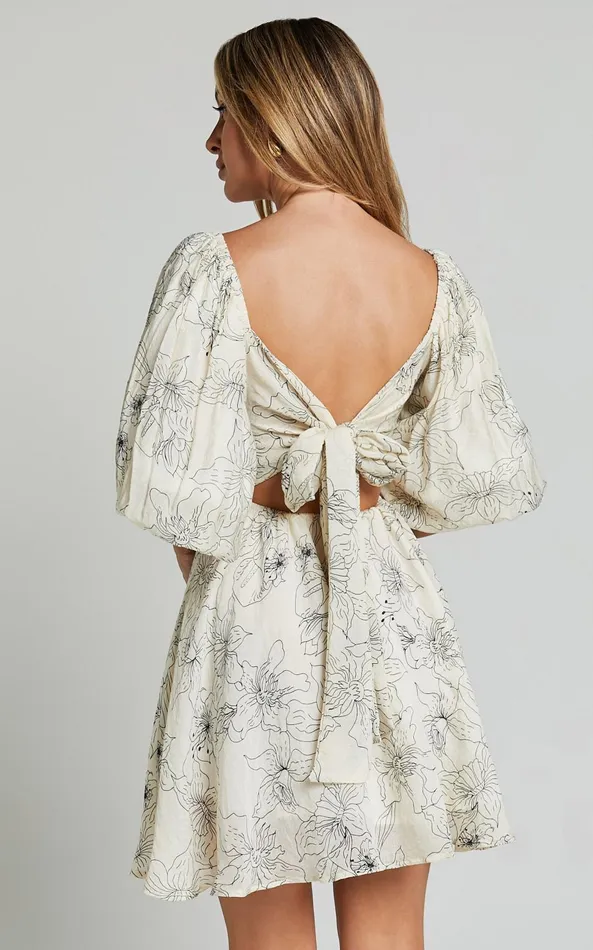 Showpo Geeniva Mini Dress 8211 V Neck Tie Back Puff Sleeve Babydoll Dress In Cream Stencil Floral Women Dresses
