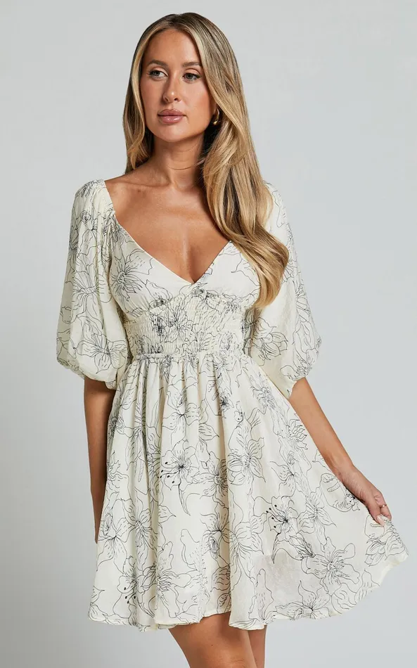 Showpo Geeniva Mini Dress 8211 V Neck Tie Back Puff Sleeve Babydoll Dress In Cream Stencil Floral Women Dresses