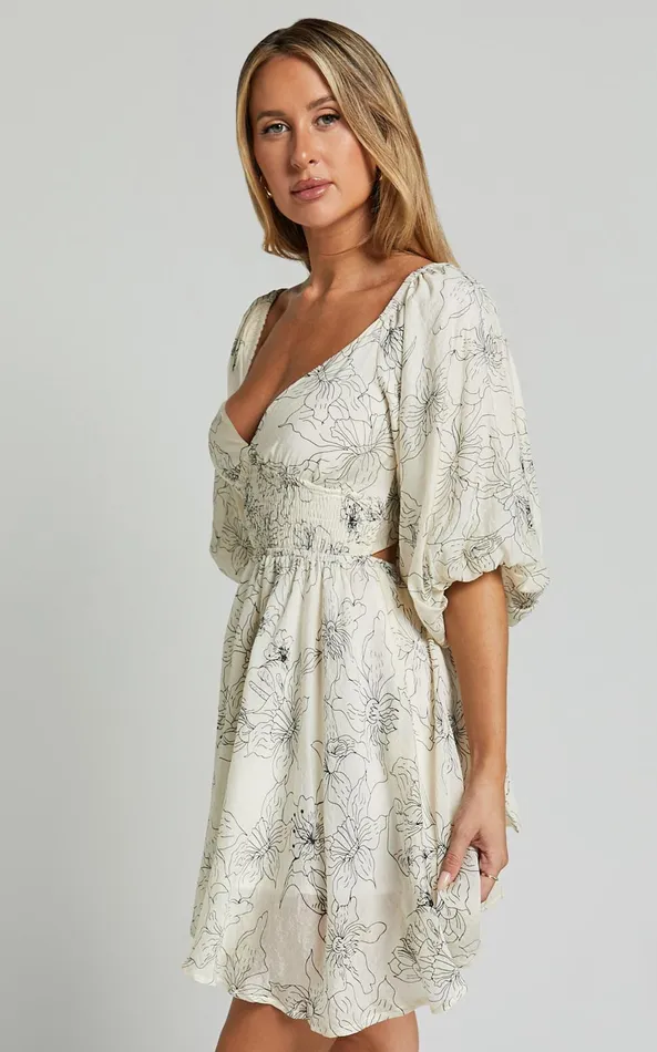 Showpo Geeniva Mini Dress 8211 V Neck Tie Back Puff Sleeve Babydoll Dress In Cream Stencil Floral Women Dresses