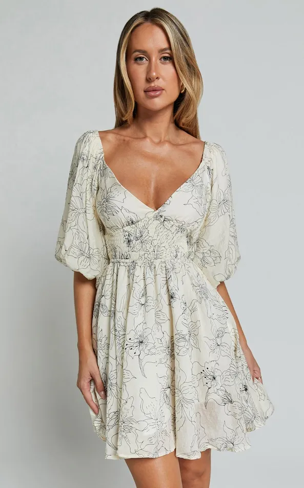 Showpo Geeniva Mini Dress 8211 V Neck Tie Back Puff Sleeve Babydoll Dress In Cream Stencil Floral Women Dresses