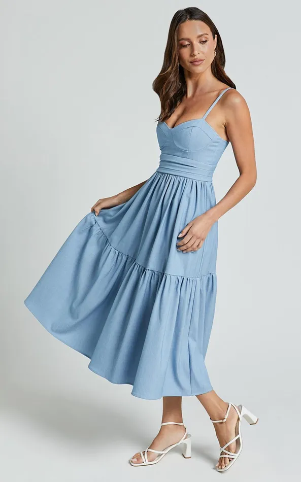 Showpo Gem Midi Dress 8211 Strappy Sweetheart Tier Dress In Light Blue Women Dresses