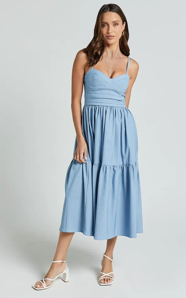 Showpo Gem Midi Dress 8211 Strappy Sweetheart Tier Dress In Light Blue Women Dresses