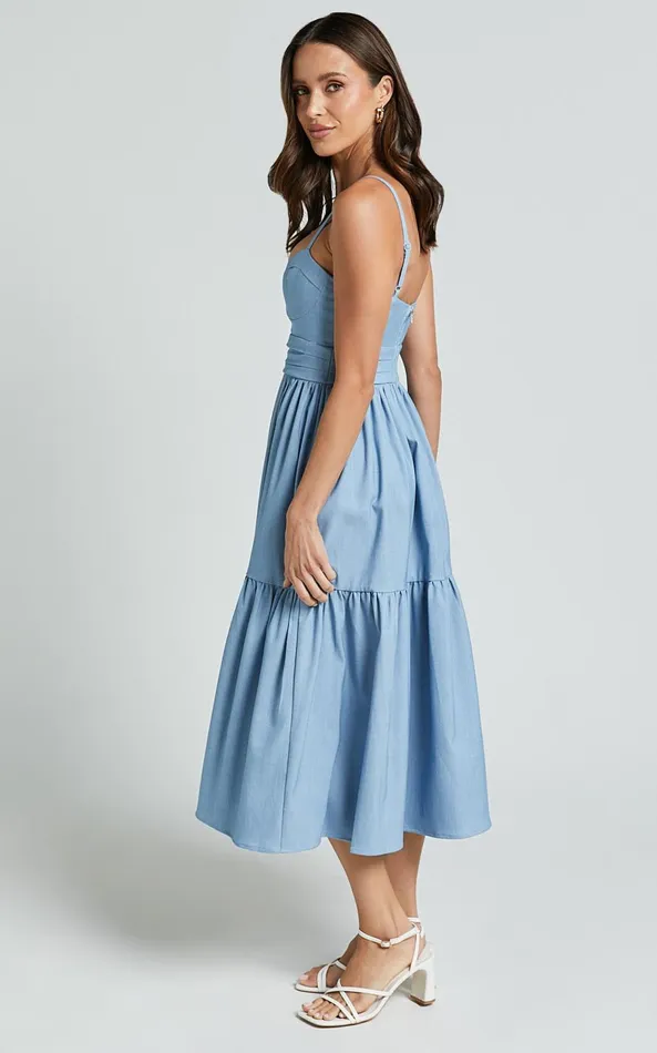 Showpo Gem Midi Dress 8211 Strappy Sweetheart Tier Dress In Light Blue Women Dresses