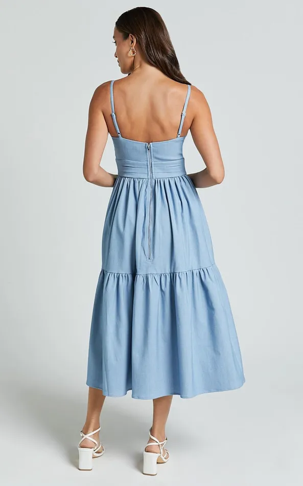 Showpo Gem Midi Dress 8211 Strappy Sweetheart Tier Dress In Light Blue Women Dresses