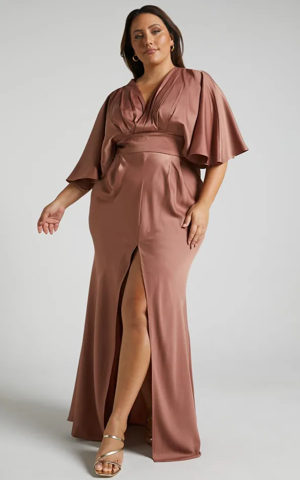 Showpo Gemalyn Midi Dress 8211 Angel Sleeve V Neck Split Dress In Dusty Rose Women Dresses