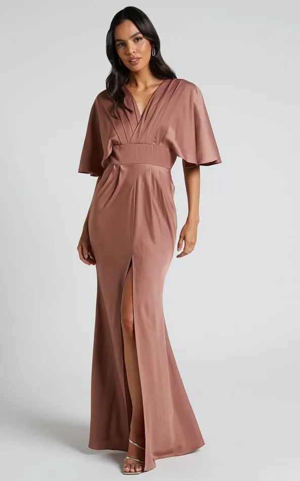 Showpo Gemalyn Midi Dress 8211 Angel Sleeve V Neck Split Dress In Dusty Rose Women Dresses