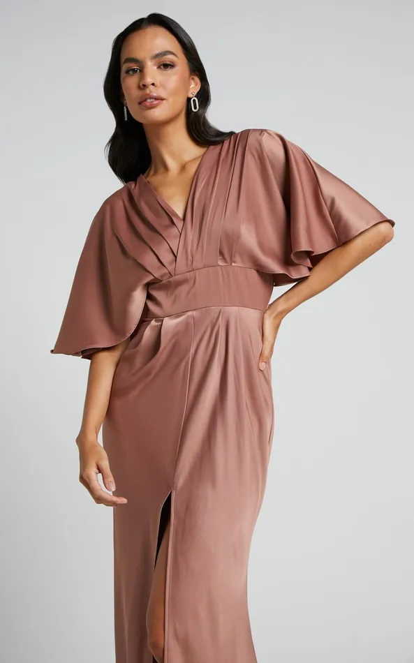 Showpo Gemalyn Midi Dress 8211 Angel Sleeve V Neck Split Dress In Dusty Rose Women Dresses