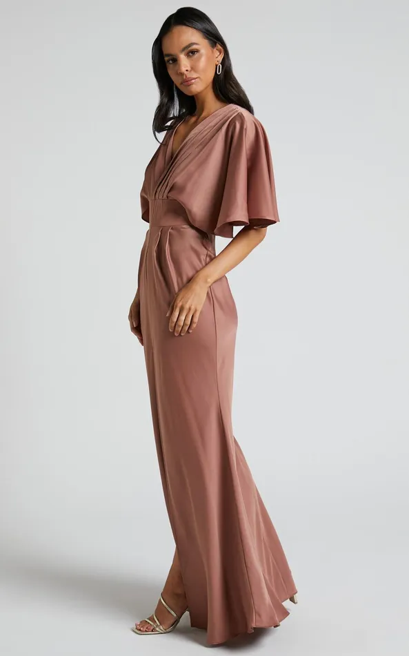 Showpo Gemalyn Midi Dress 8211 Angel Sleeve V Neck Split Dress In Dusty Rose Women Dresses