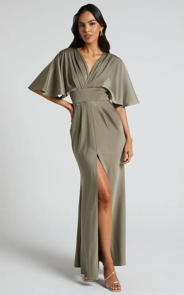 Showpo Gemalyn Midi Dress 8211 Angel Sleeve V Neck Split Dress In Olive Women Dresses Showpo Gemalyn Midi Dress 8211 Angel Sleeve V Neck Split Dress In Olive Women Dresses