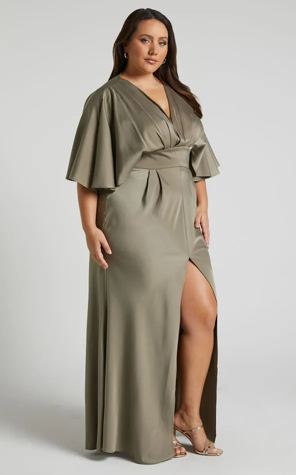 Showpo Gemalyn Midi Dress 8211 Angel Sleeve V Neck Split Dress In Olive Women Dresses